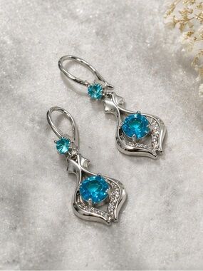 Silver Blue Dangle Drop Earrings Round Stone Asymmetrical Metal Hook Closure